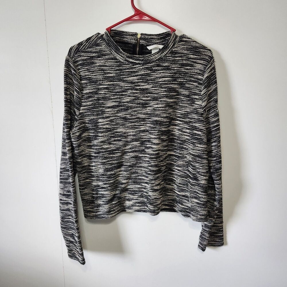 H&M Womens L Black Cream Textured Knit Crop Top Mock Neck Zip Back